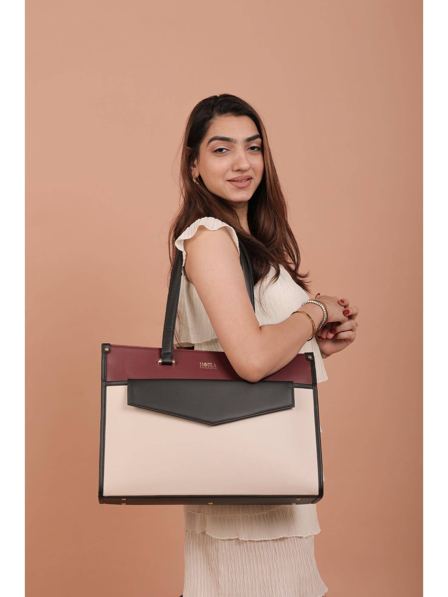 Horra 14 Inch Laptop Tote Bag For Women Office use- Black and Wine