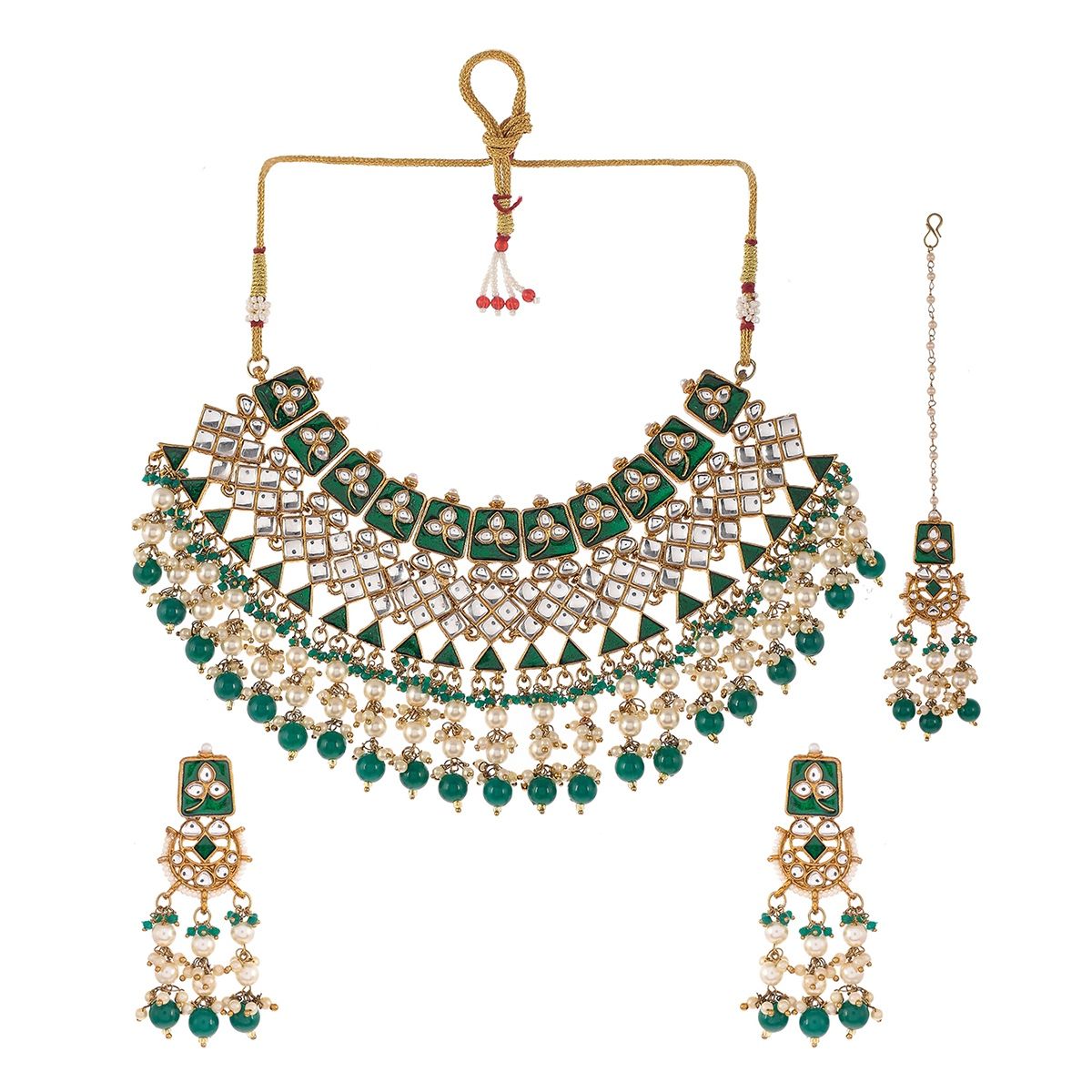 Buy Shoshaa Gold-Plated Handcrafted Green Kundan Jewellery Set Online