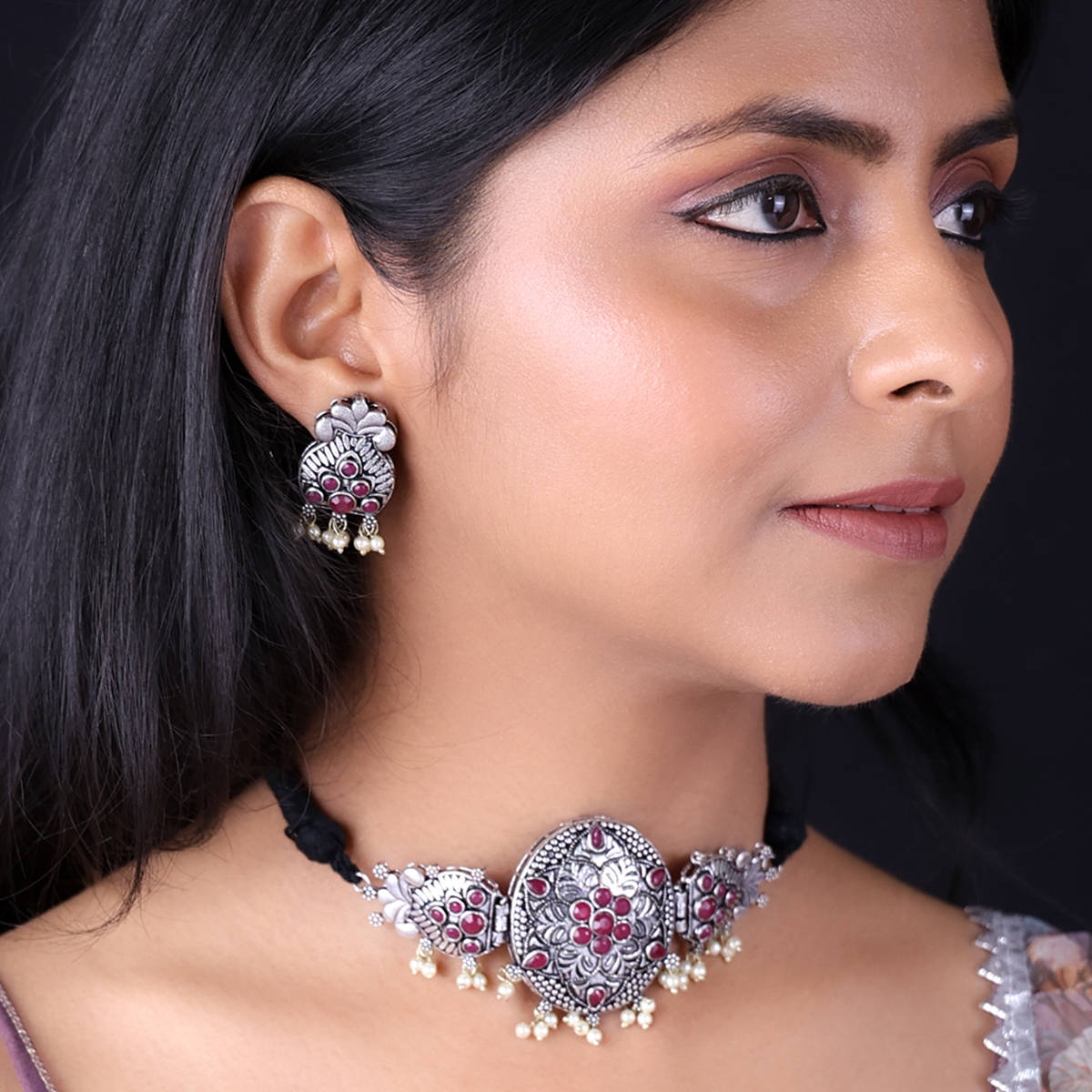PANASH Silver-Plated Stone Studded Jewellery Set