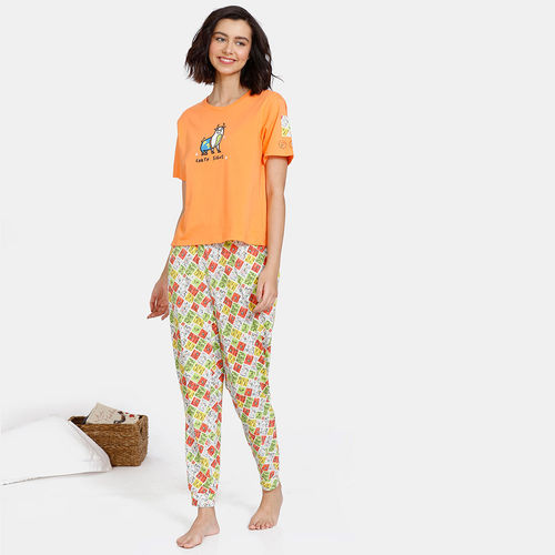 Zivame Zodiac Knit Cotton Pyjama Set Egret (XL)