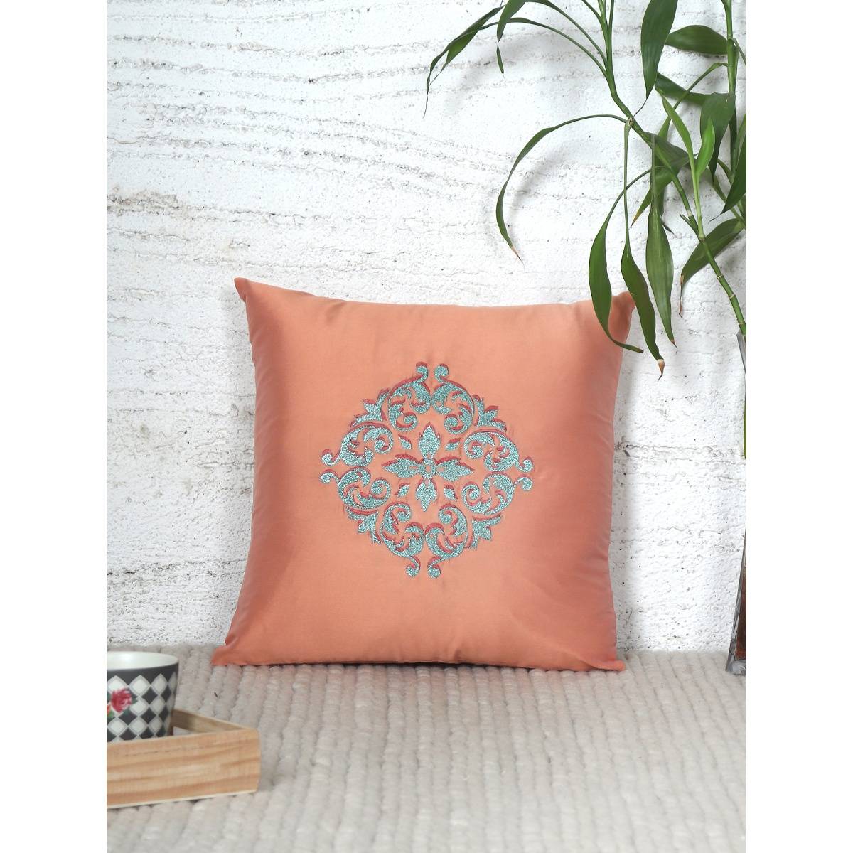 Zeba World Central Motif In Two Tone Embrodiery Cushion Cover