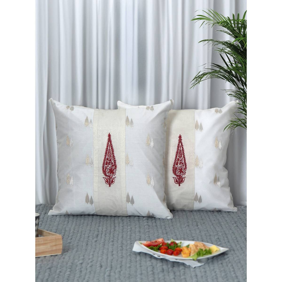 Zeba World White Brocade Silk with Motif Embriodered Cushion Covers (Pack Of 2)