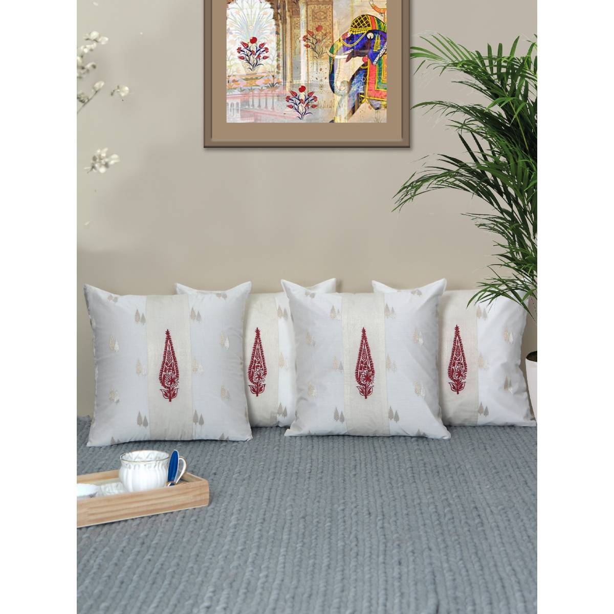 Zeba World White Brocade Silk with Motif Embriodered Cushion Covers ((Pack Of 4))