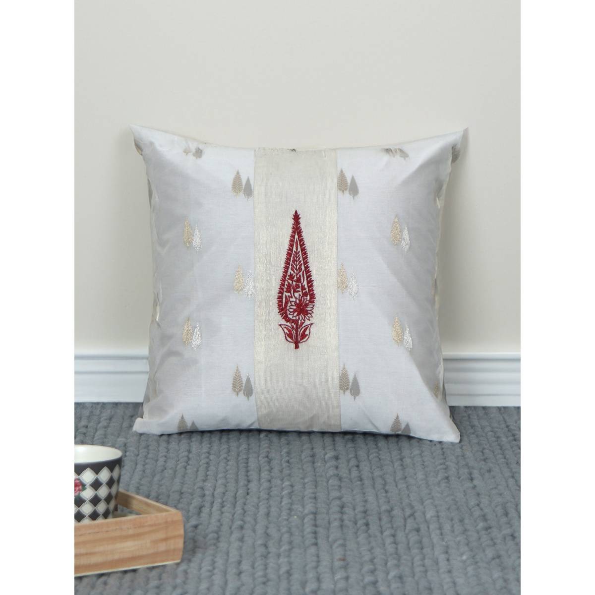 Zeba World White Brocade Silk with Motif Embriodered Cushion Cover