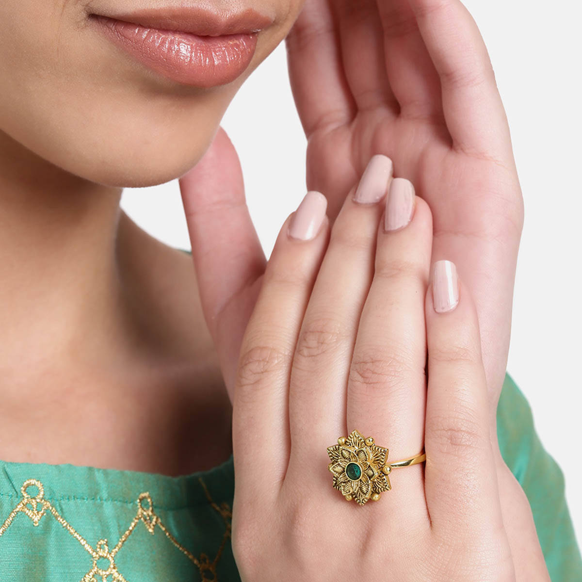 Estele Gold Plated Flower Designer Matte Finish Adjustable Finger Ring for Women