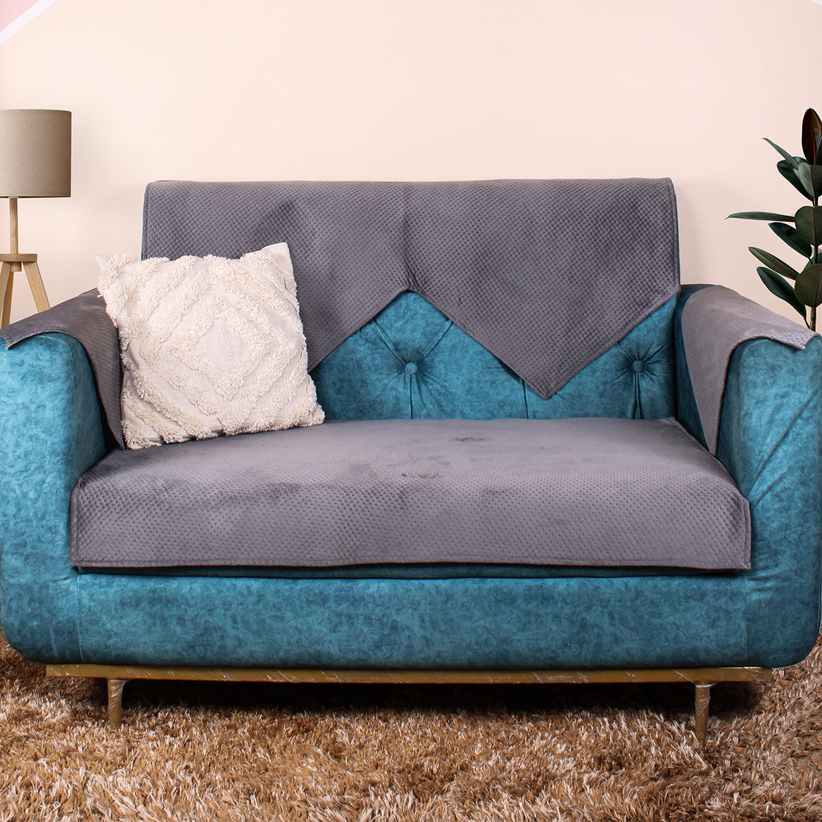 Buy STITCHNEST 2 Seater Quilted Velvet Sofa Cover Protector, Grey Online