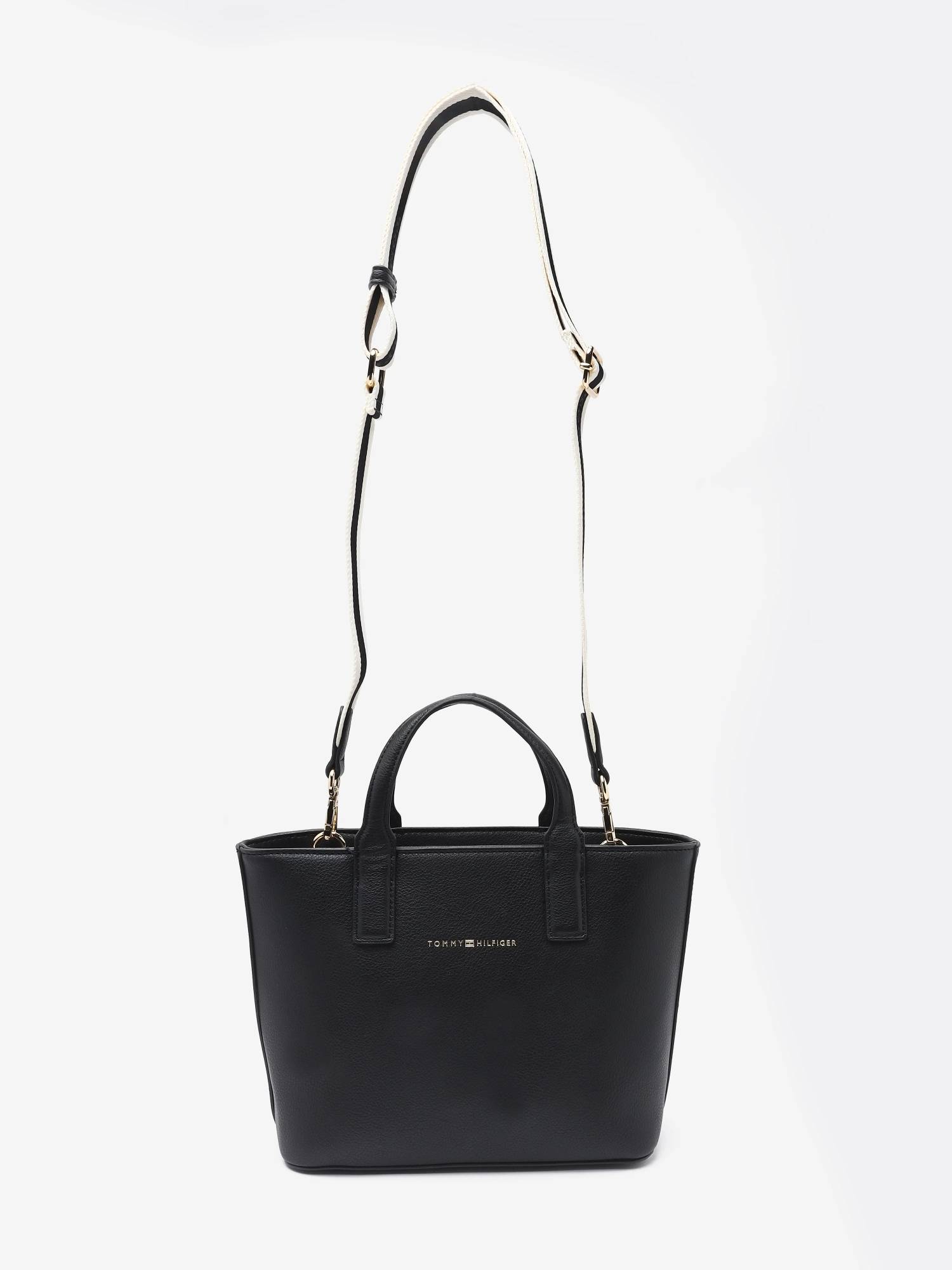 Tommy Hilfiger Solid Black Pu Handbag with Detachable Strap