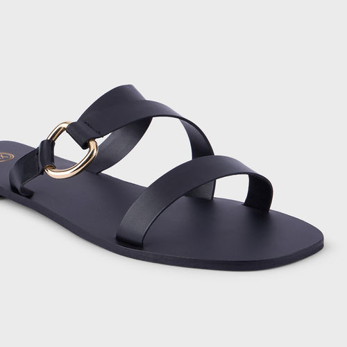 Twenty Dresses by Nykaa Fashion Black Solid Strappy Gold Buckle Flats (EURO  38)