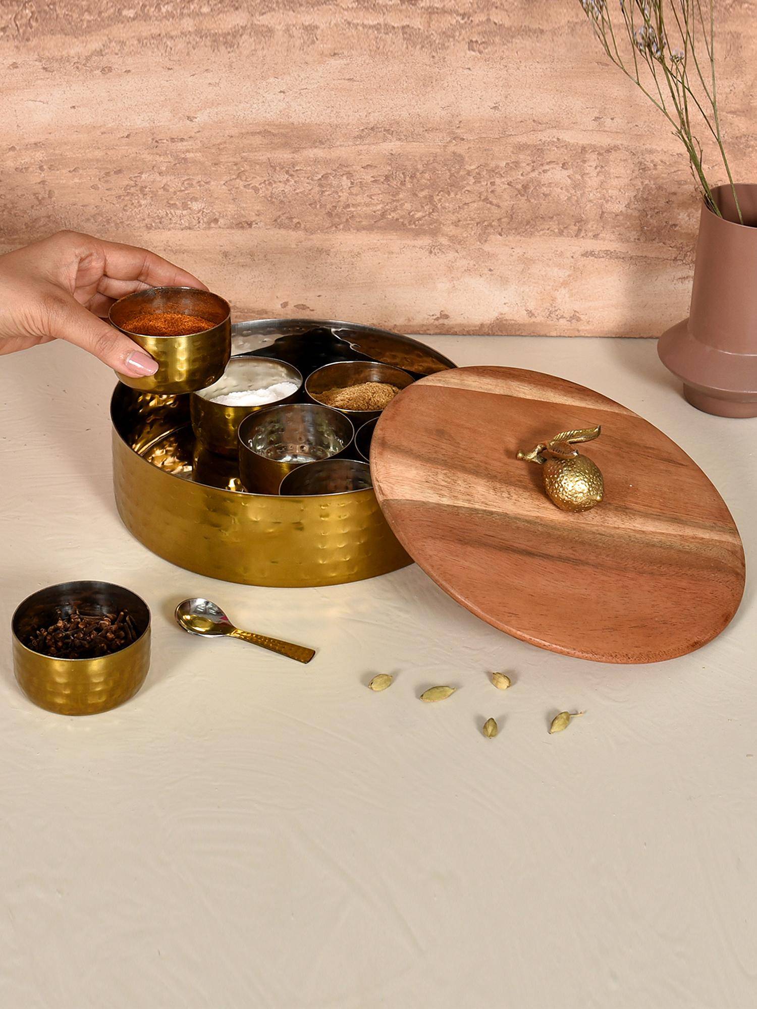 Living With Elan Dabbahs and Days Masala Box with Wooden Lid -Antique Gold & Acacia