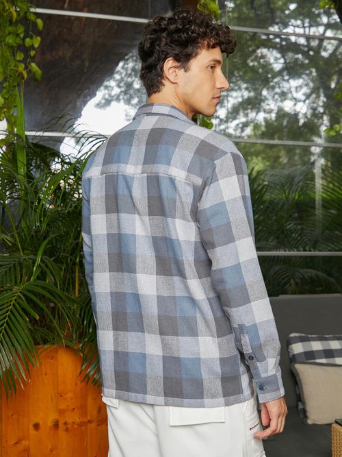 Campus Sutra Men Icy Blue and Ash Grey Checkered Utility Shacket