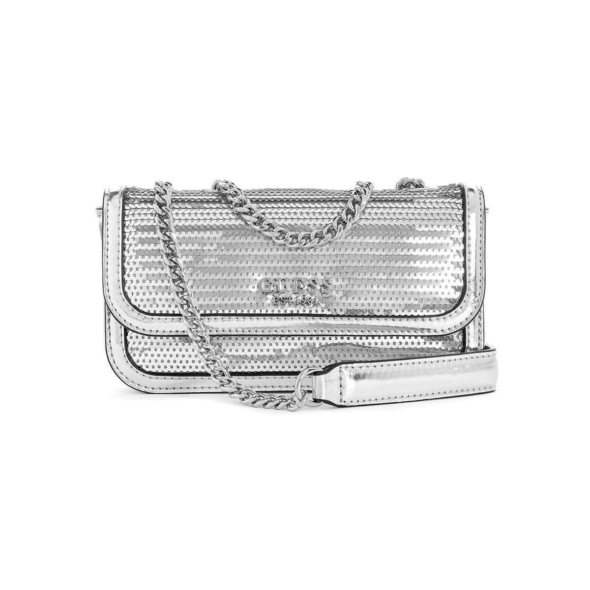 Guess Women Silver Embellished Crossbody Bag With Magnetic Button Closure