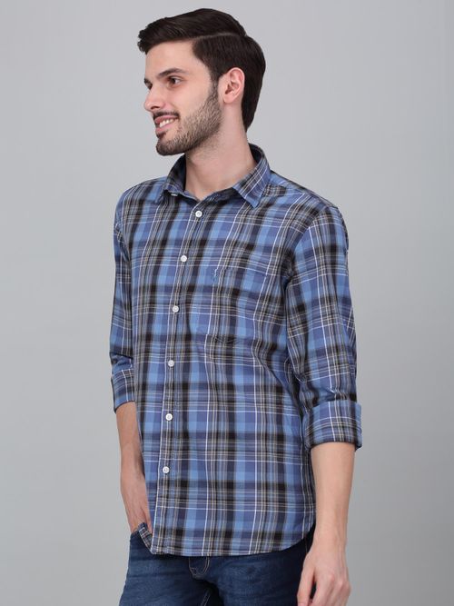 Cantabil Men Blue Checkered Full Sleeves Casual Shirt
