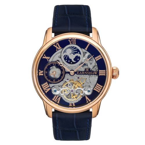 Earnshaw Longitude Automatic Skeleton Moonphase Dual Time Blue Round Dial  Mens Watch ES-8006-0A