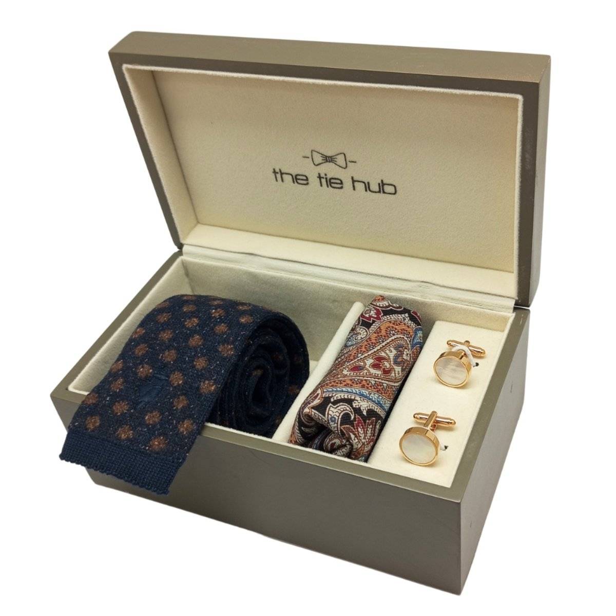The Tie Hub Blue with Brown Polka Knitted Wool Neck Tie with Wool Pocket Square & Cufflink Gift Set