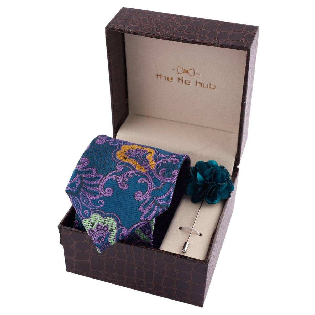 The Tie Hub Green & Purple Paisley Neck Tie with Green Flower Lapel Pin Gift Set