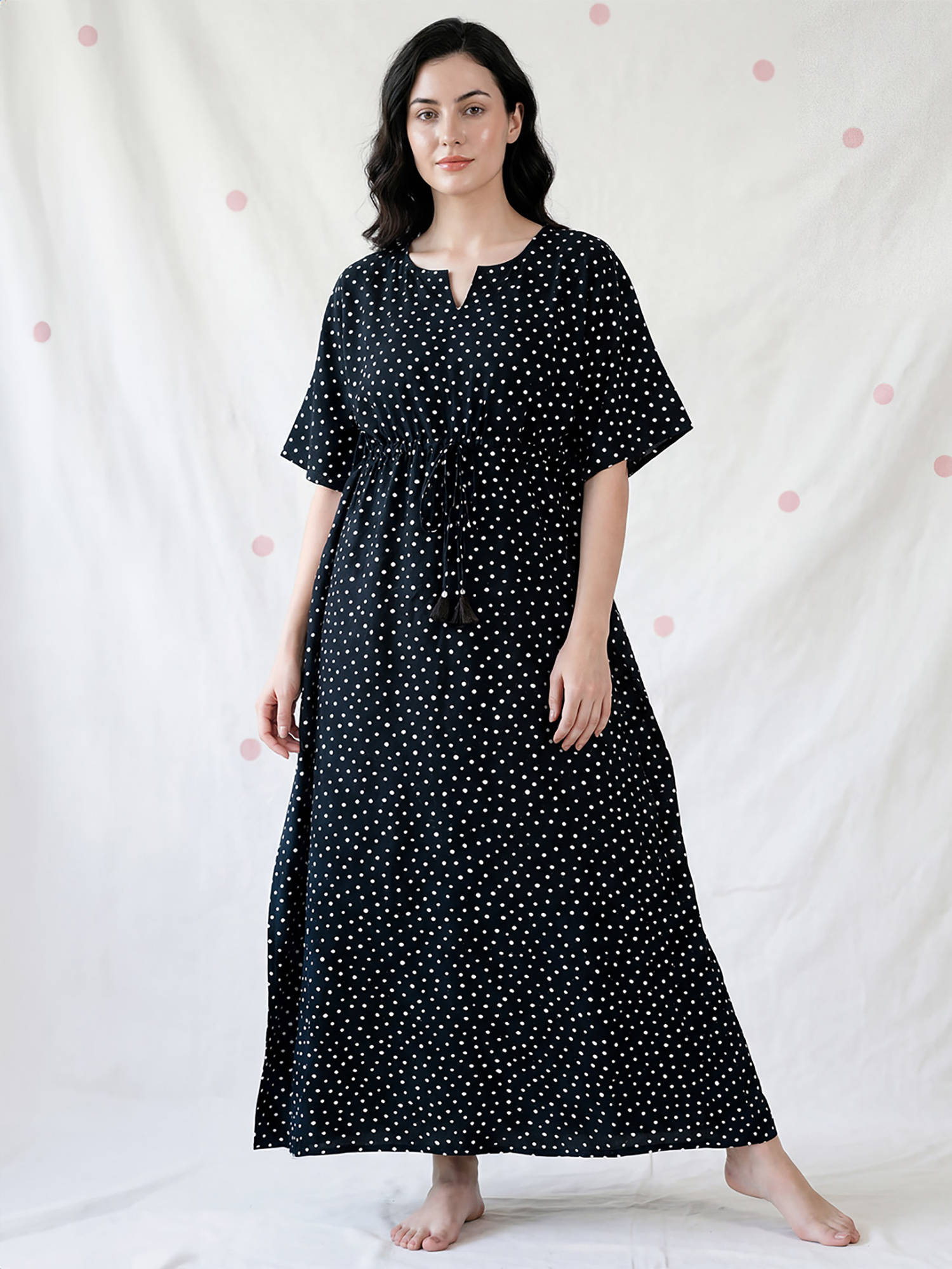 Secret Wish Black Polka Dots Rayon Comfortable Fit Kaftan Nightdress
