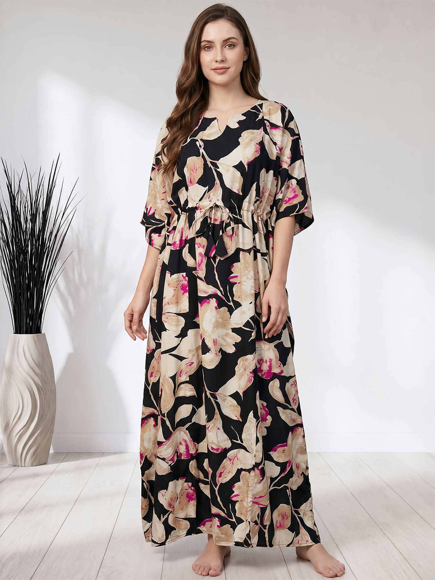 Secret Wish Black Floral Rayon Comfortable Fit Kaftan Nightdress