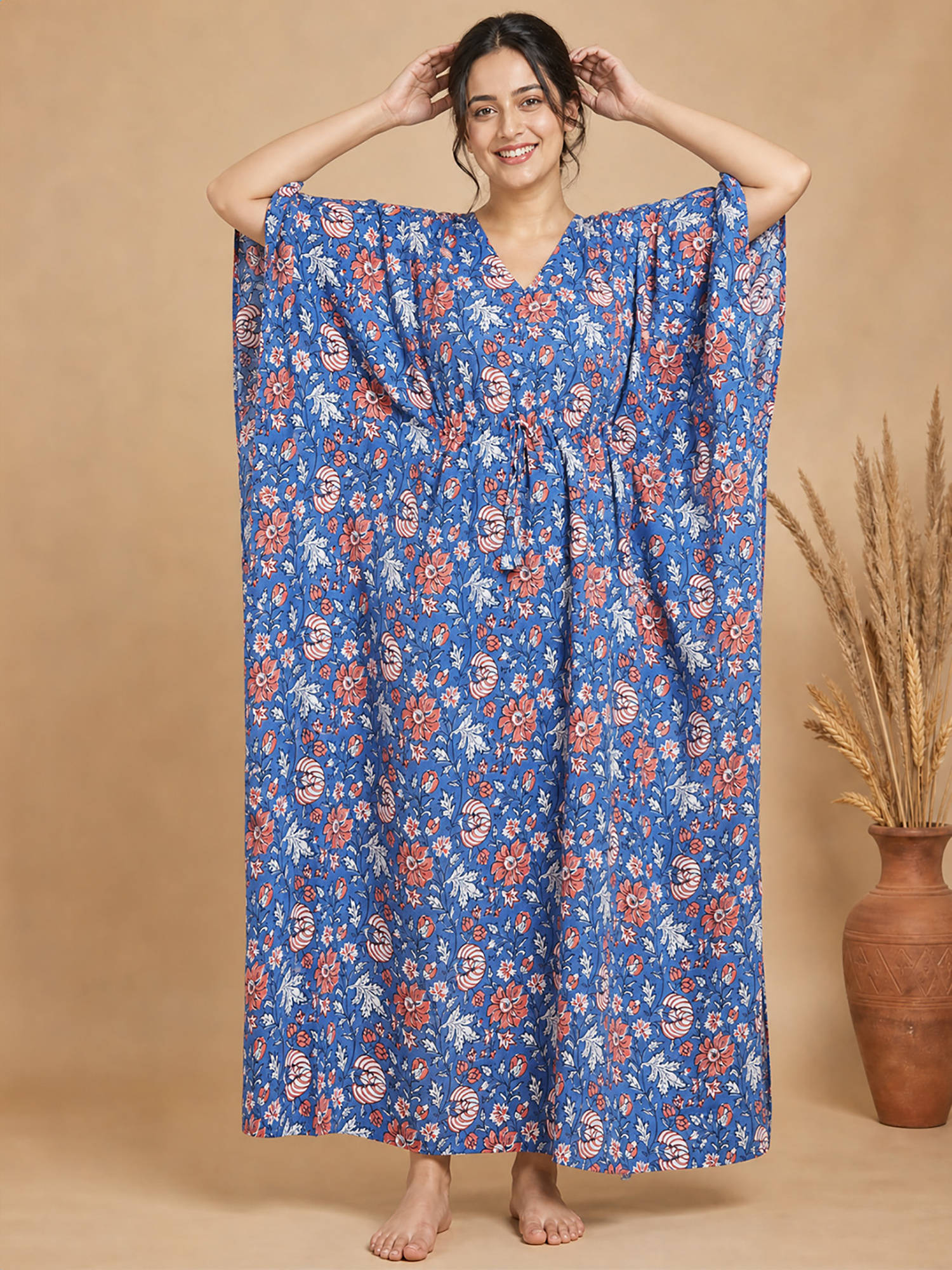 Secret Wish Blue Floral Cotton Comfortable Fit Kaftan Nightdress