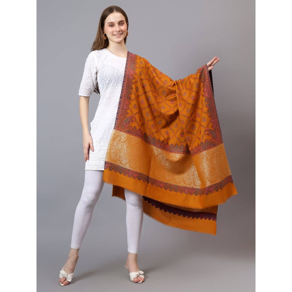 Mizash Women Faux Ethnic Weave with Metallic Paisley Palla Soft Warm Shawl - Mustard