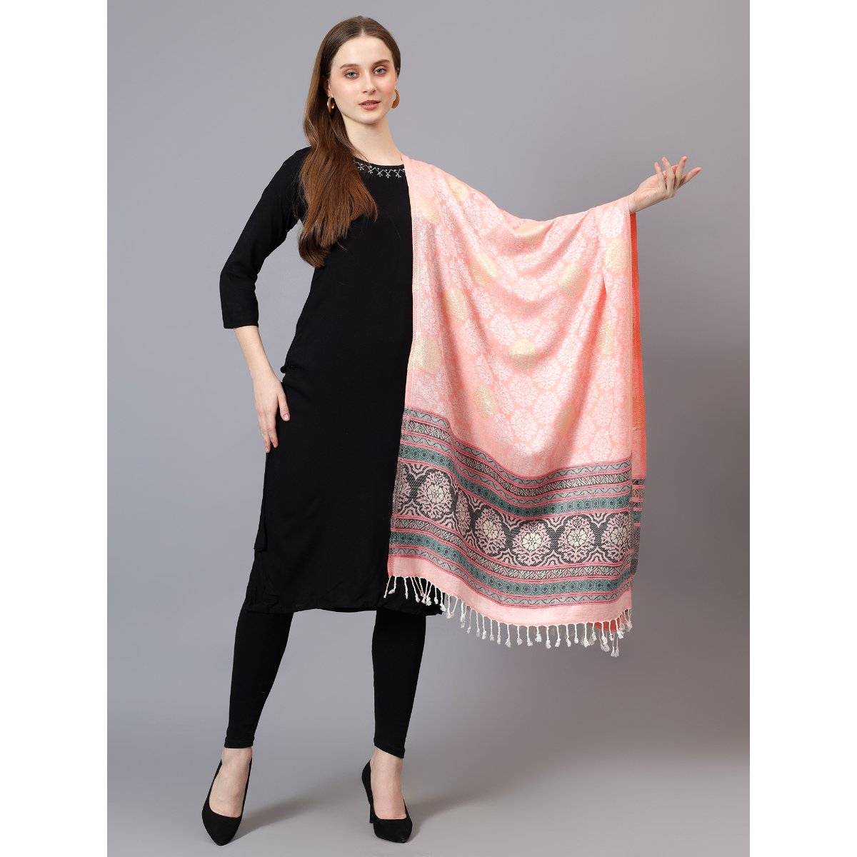 Mizash Women Fine Wool Ethnic Weave with Merallic Zari Stole - Peach