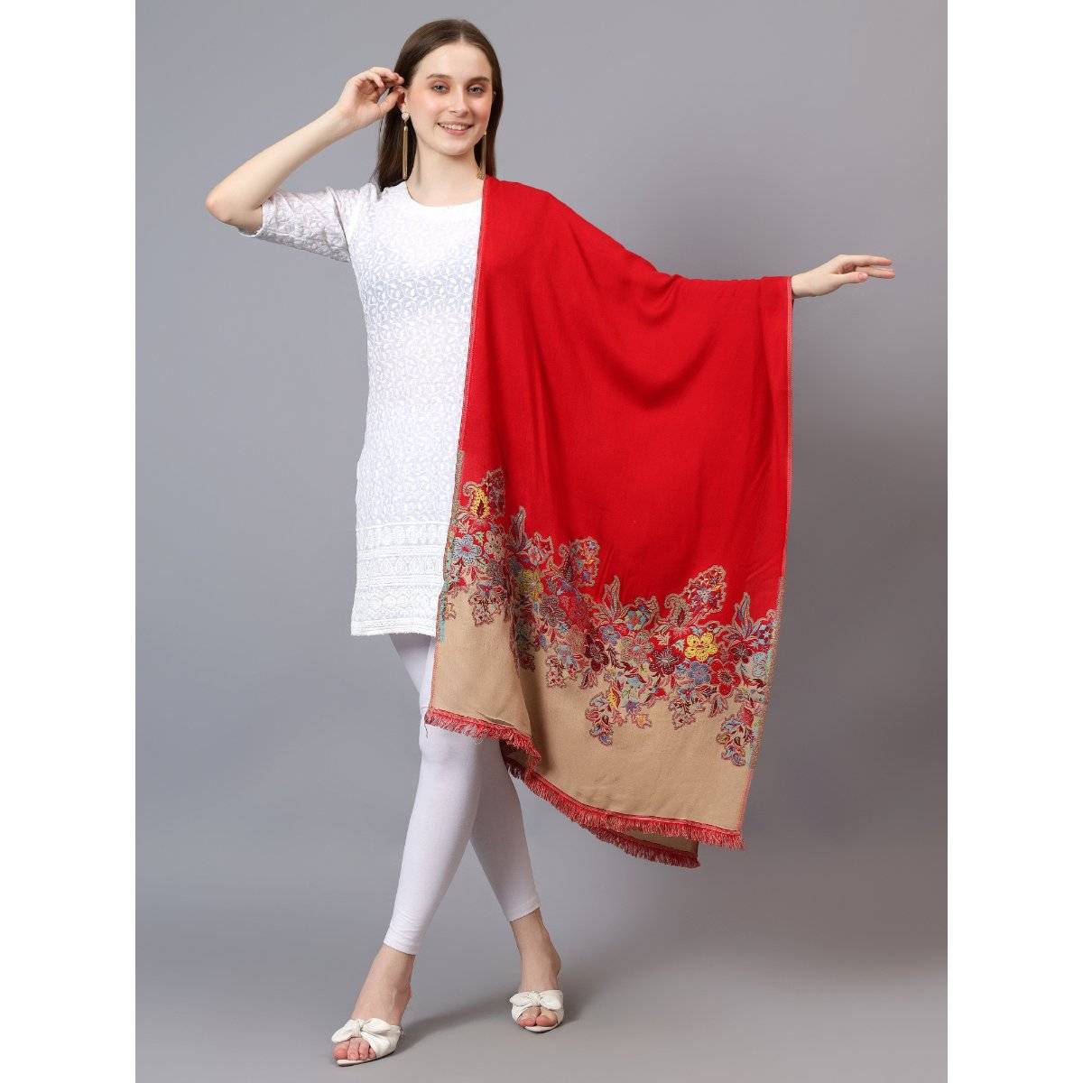 Mizash Women Fine Wool Designer Contrast Border Soft Warm Stole - Red