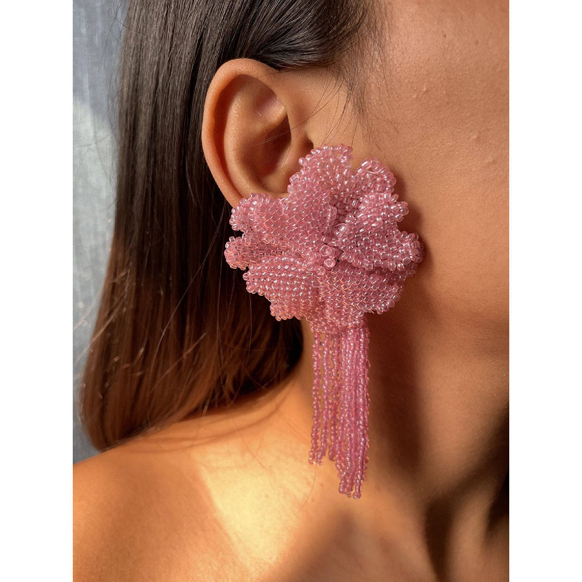 ISHKAARA Pink Beaded Floral Drop Earrings for Women Flower Statement Dangle Earrings