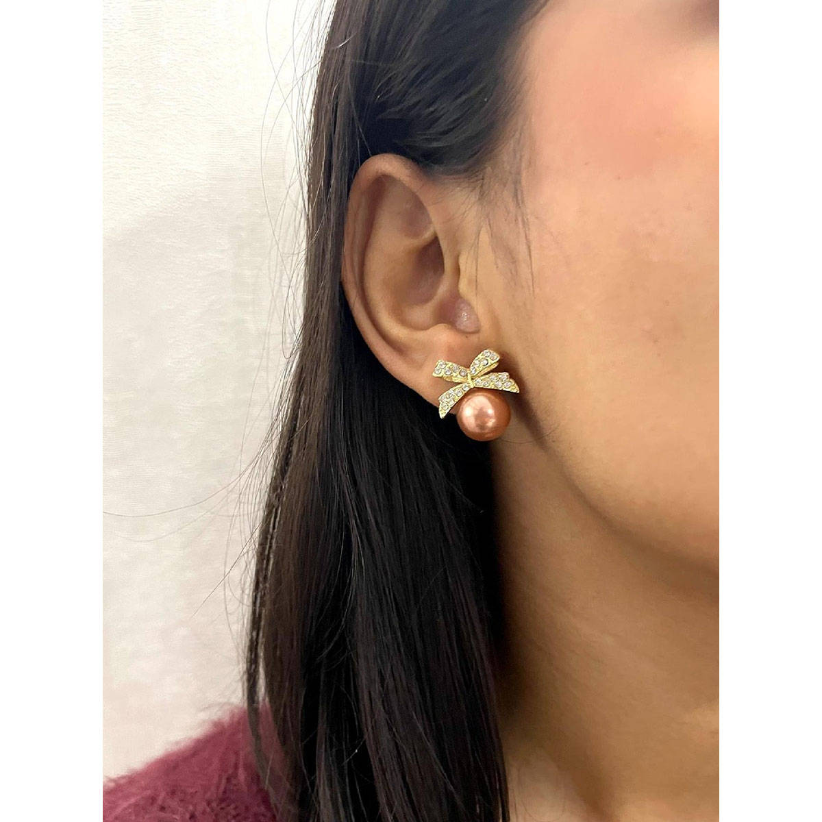 ISHKAARA Gold Plated Bow Rose Gold Pearl Stud Earrings for Women | Valentine Gift