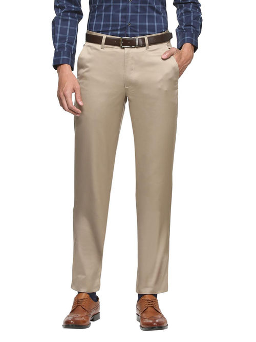 Buy Peter England Men Khaki Solid Regular Fit Formal Trousers Online