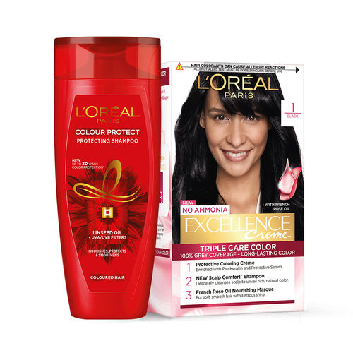 L'Oreal Paris Excellence Creme Hair Color Shade 1 - Black + Colour Protect Shampoo: Buy L'Oreal Paris Excellence Creme Hair Color Shade 1 - Black + Colour Protect Shampoo Online at Best L'Oreal Paris Excellence Creme Hair Color Shade 1 - Black + Colour Protect Shampoo: Buy L'Oreal Paris Excellence Creme Hair Color Shade 1 - Black + Colour Protect Shampoo Online at Best