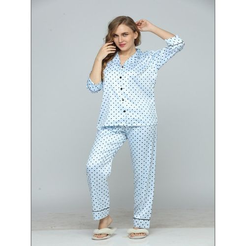 Velure Full Sleeve Pyjama Set With Polka Dot Print Blue (S)