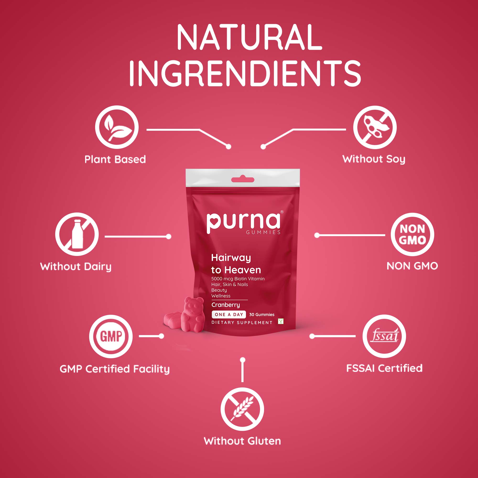 Purna Gummies Biotin Cranberry Flavour Gummies with Vitamin B 12 for ...