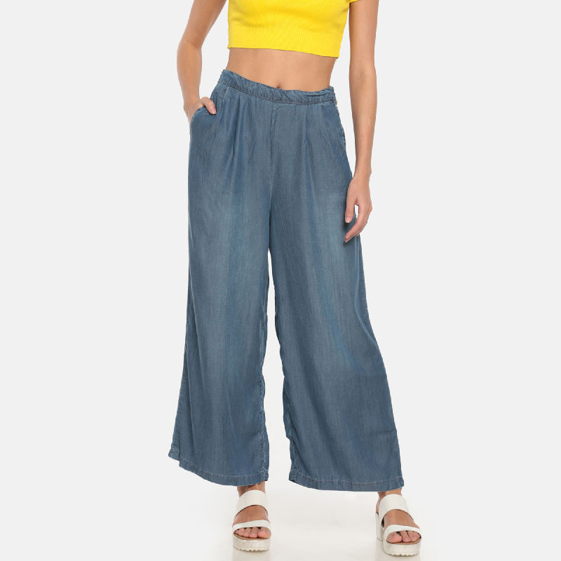 Buy Womens Solid Blue Denim WideLeg Pants  GoColors
