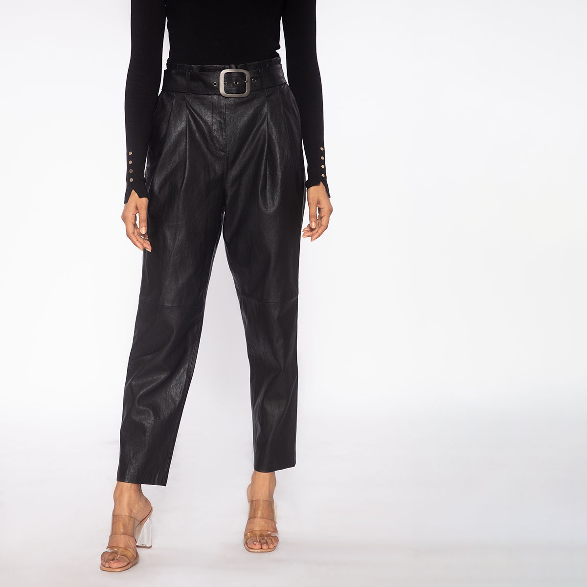 HugMefashion 6 Pocket Leather Ladies Pant in Black Color LPT7