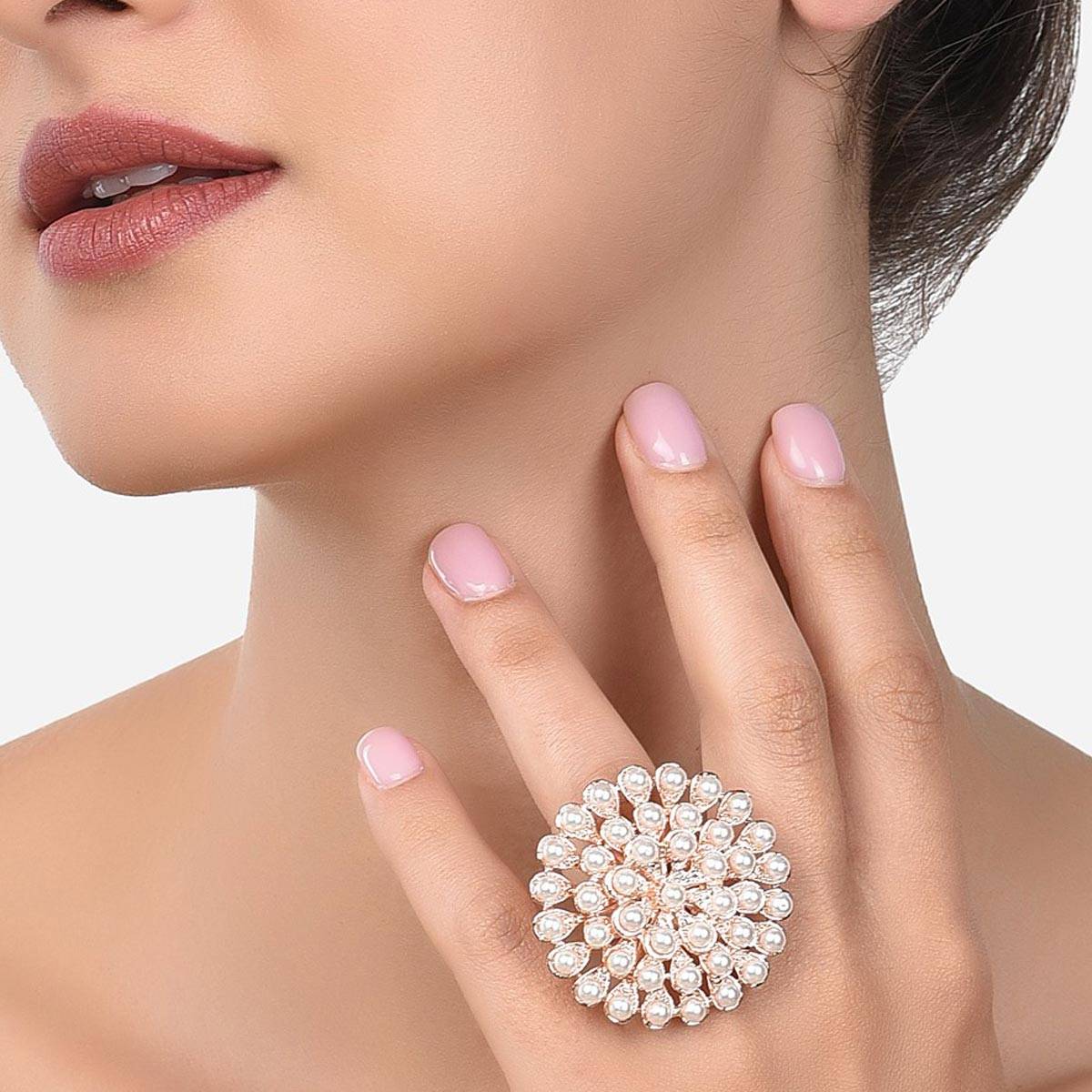Zaveri Pearls Rose Gold Flower Shape Pearls Studded Finger Ring-ZPFK14493