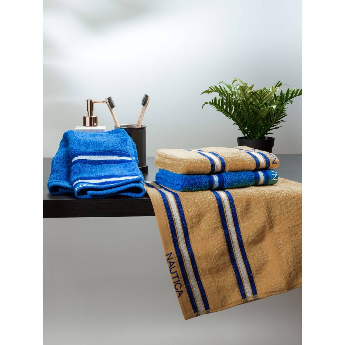 Nautica Super Soft Zero Twist 100% Cotton Towel -4Pc Hand Towel Solid-Beige, Royal Blue
