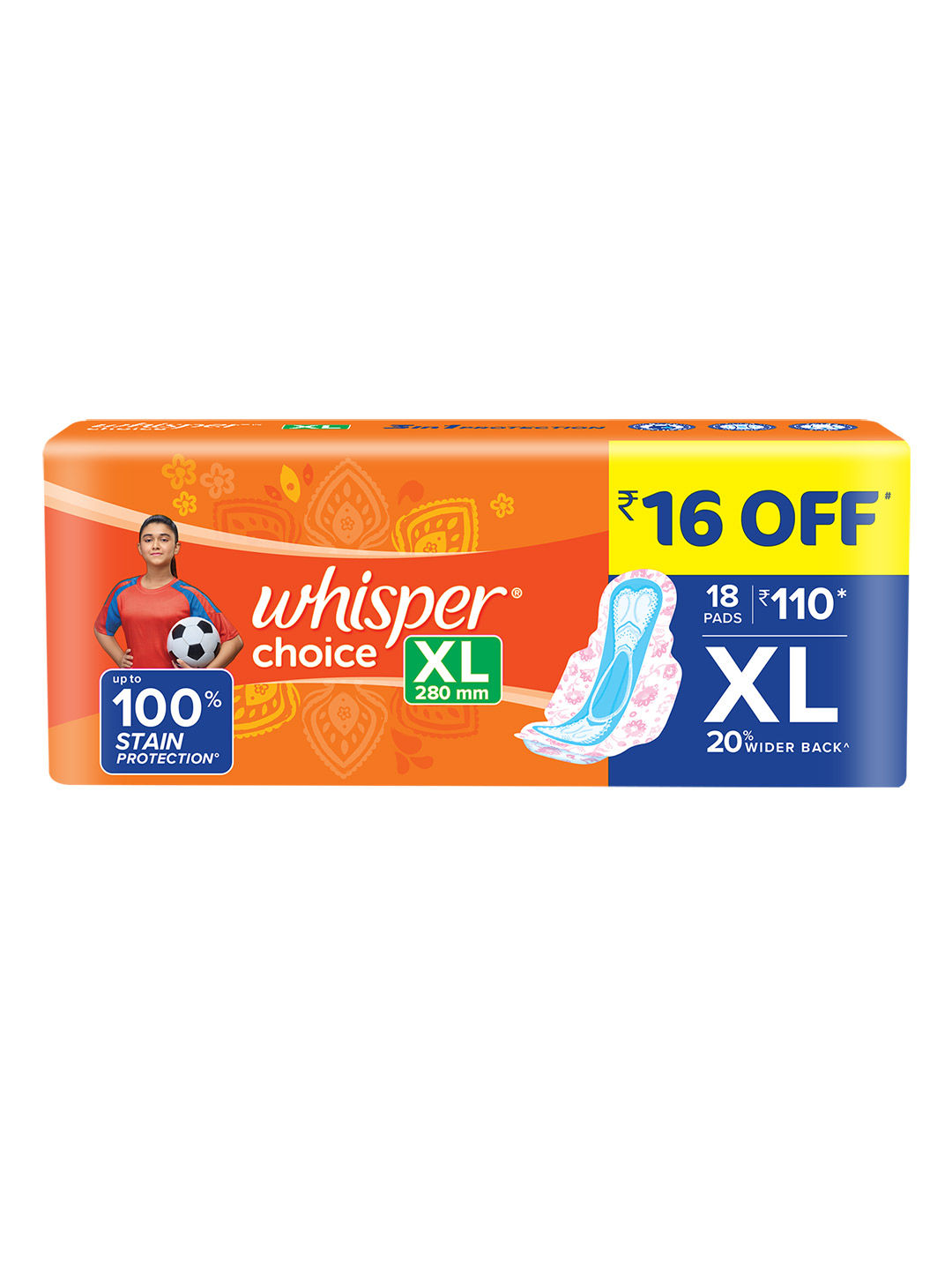 Whisper Choice XL Sanitary Pads|Pack of 36 thick Pads|XL|upto 100% Stain  protection|side safe Wings|28 cm Long