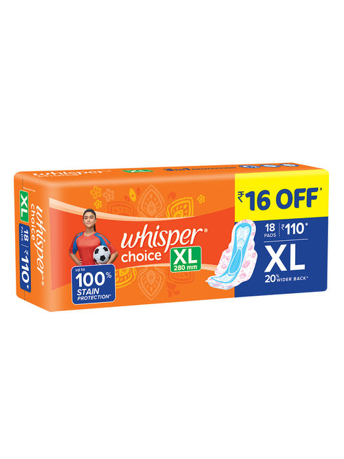 Whisper Choice XL Sanitary Pads|Pack of 36 thick Pads|XL|upto 100% Stain  protection|side safe Wings|28 cm Long