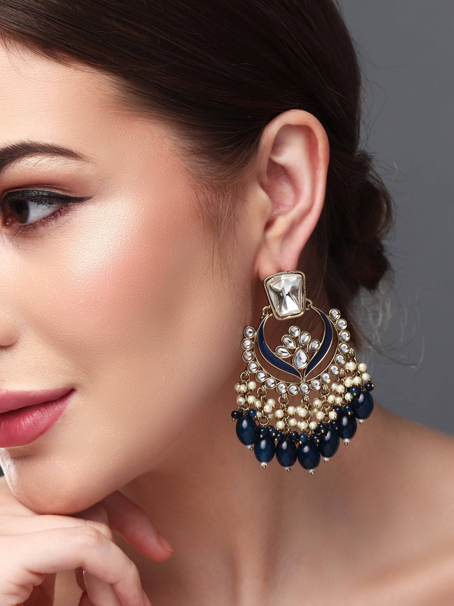 Anvik Gold Plated Kundan and Meenakari Chandbali Earrings