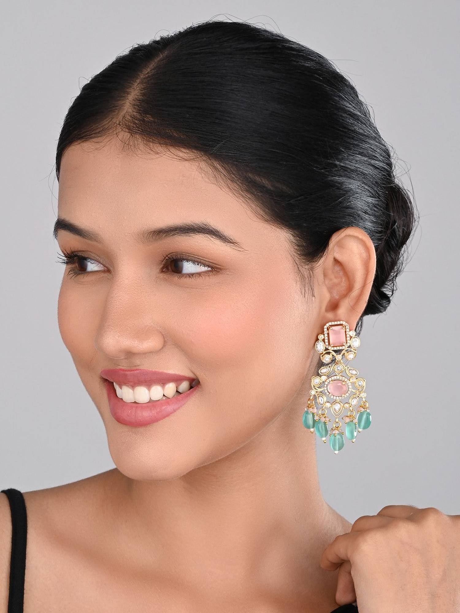 Anvik Gold Plated Kundan and Ad Stone Chandbali Bali Earrings