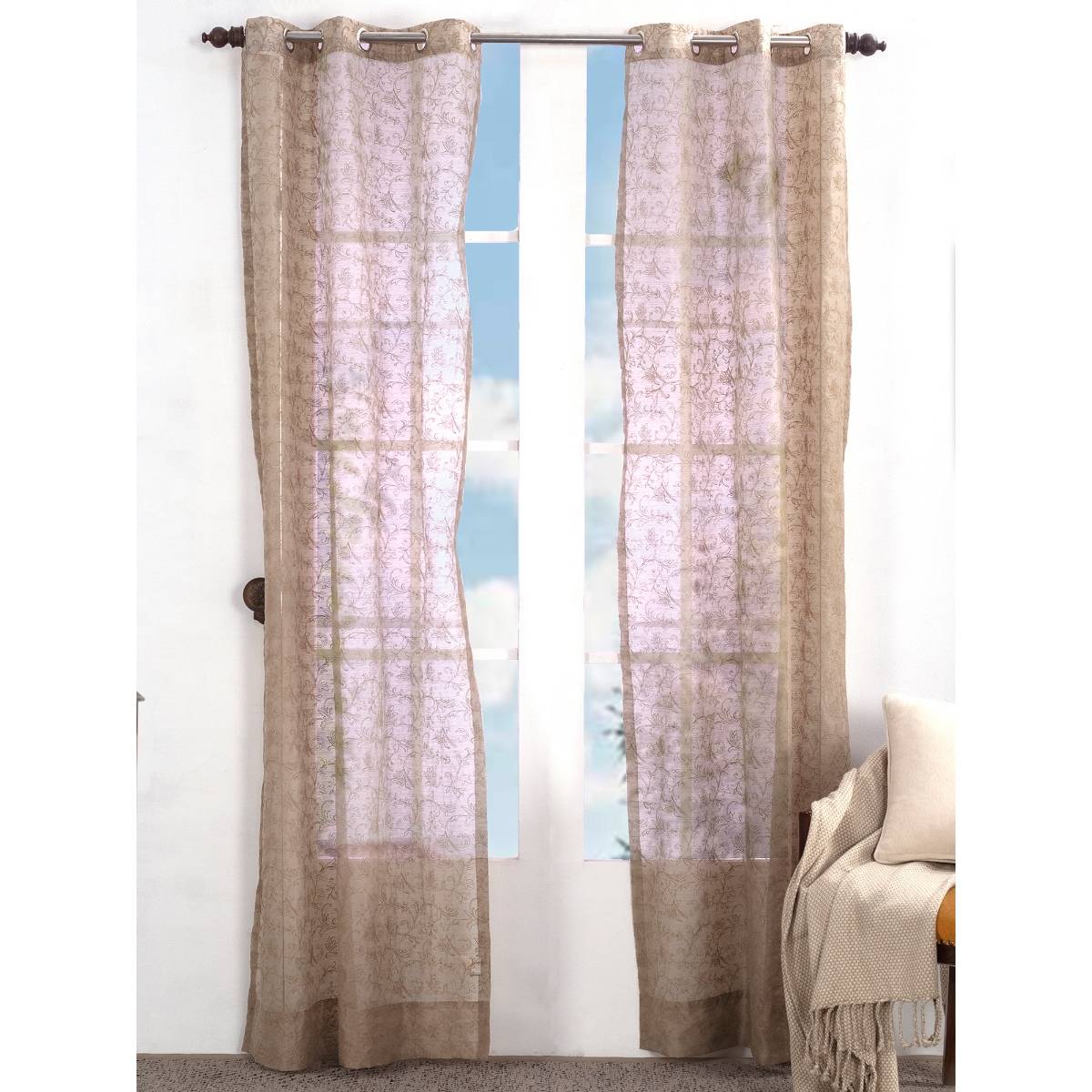 Maspar Chintz Leaves Emb Polyester Embroidery Machine Linen Door Curtain Set of 2