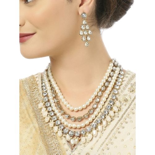 OOMPH Gold Kundan Pearls Necklace Set Multi Layer Ethnic Mala Long  Necklace Set