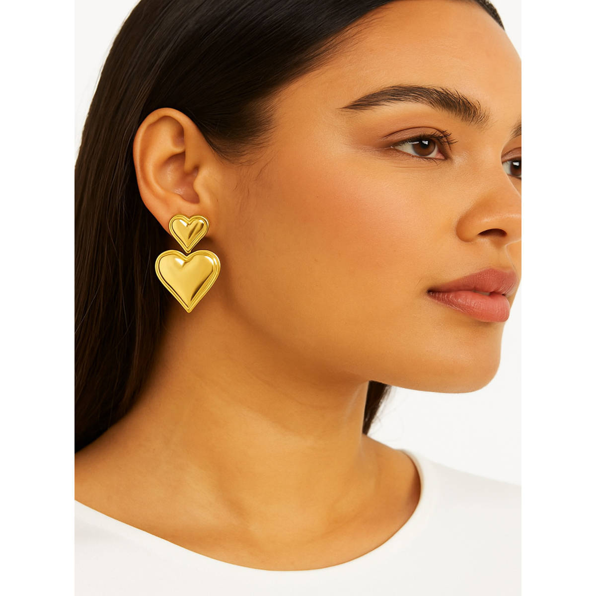 Jewelz Gold-Tone Double Heart Drop Earrings In Stainless Steel