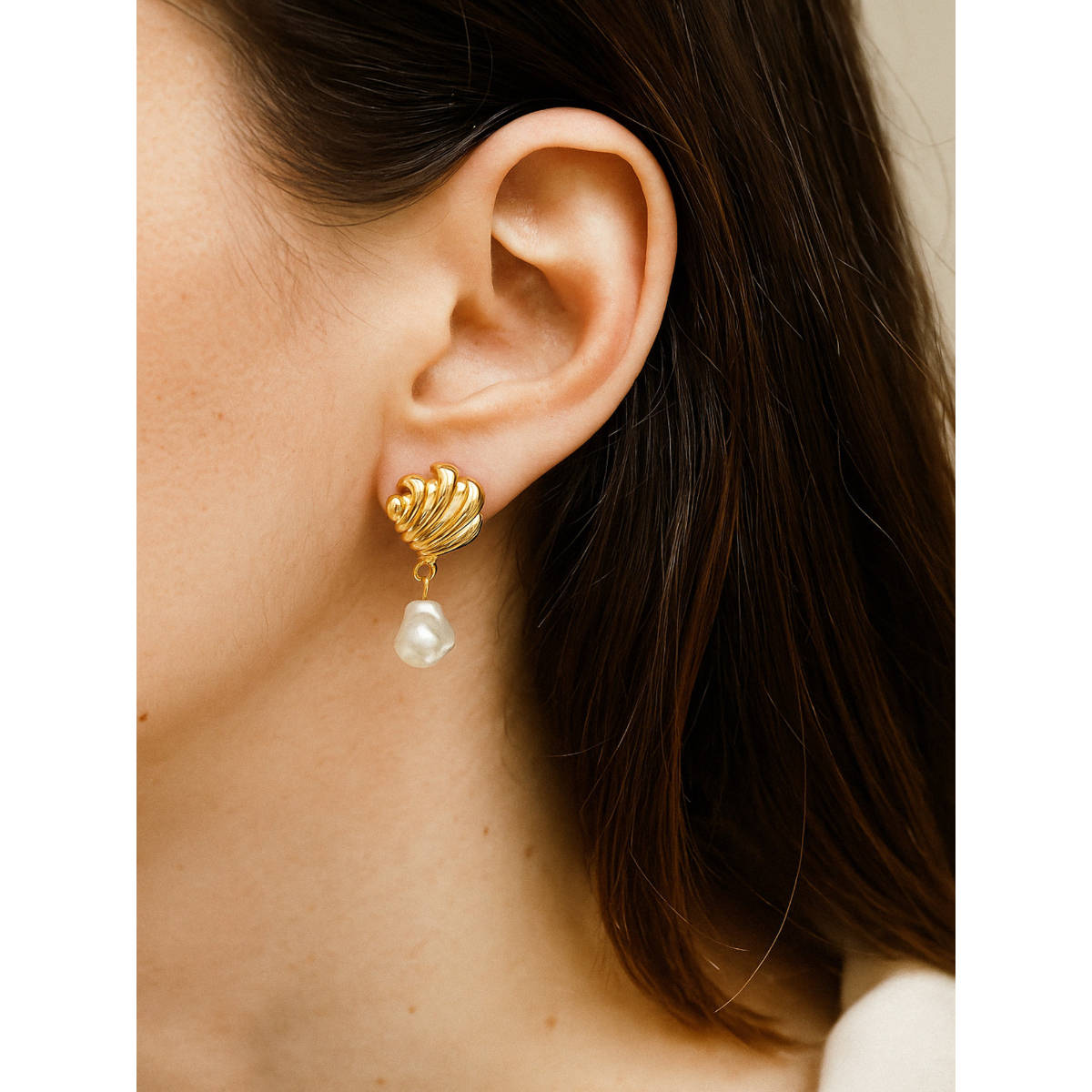 Jewelz Gold-Tone Shell Design Earrings with Dangling Pearl Drop
