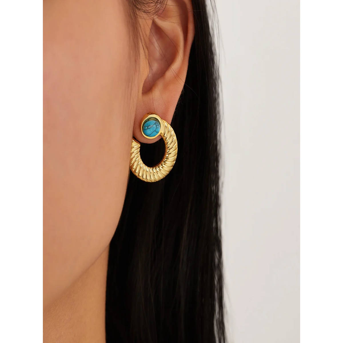 Jewelz Gold-Tone Textured Hoop Earrings with Turquoise Stone Accent