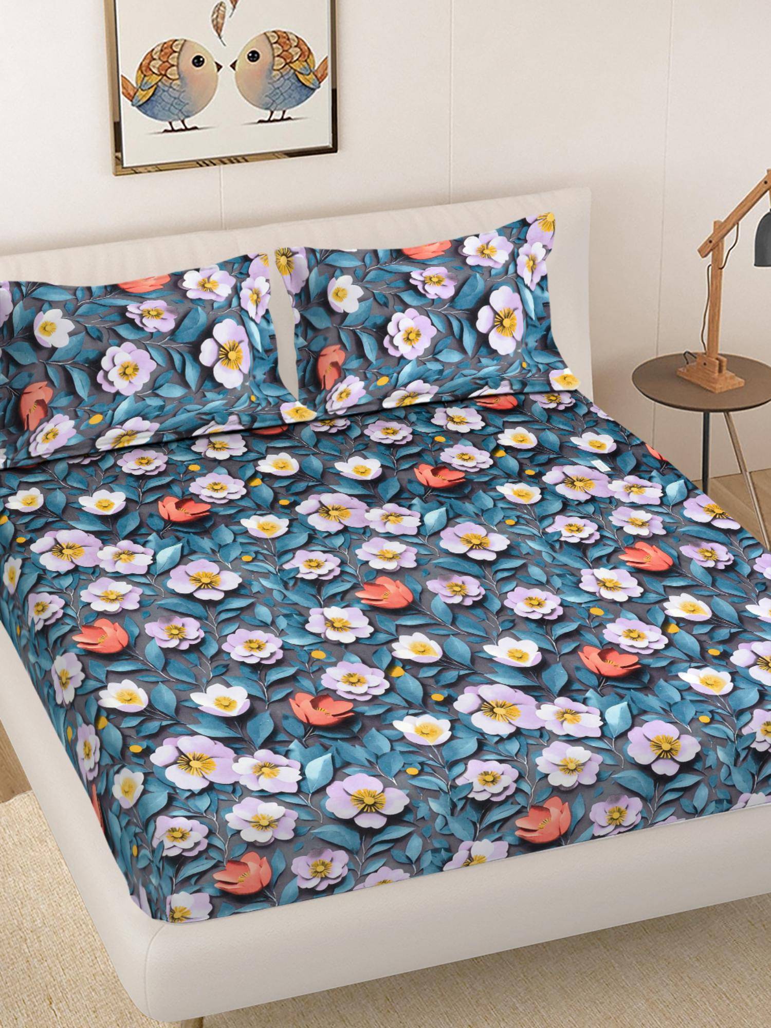 FABINALIV Multicolour Floral 300 Tc 7D King Size Double Bedsheet with 2 Pillow Covers