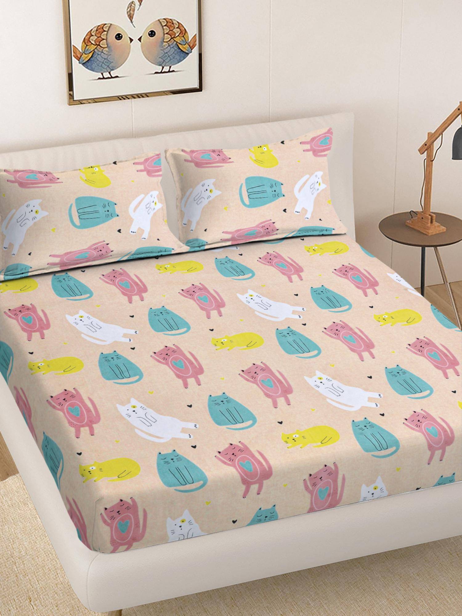 FABINALIV Multicolour Cartoon Print 300 Tc King Size Double Bedsheet with 2 Pillow Covers