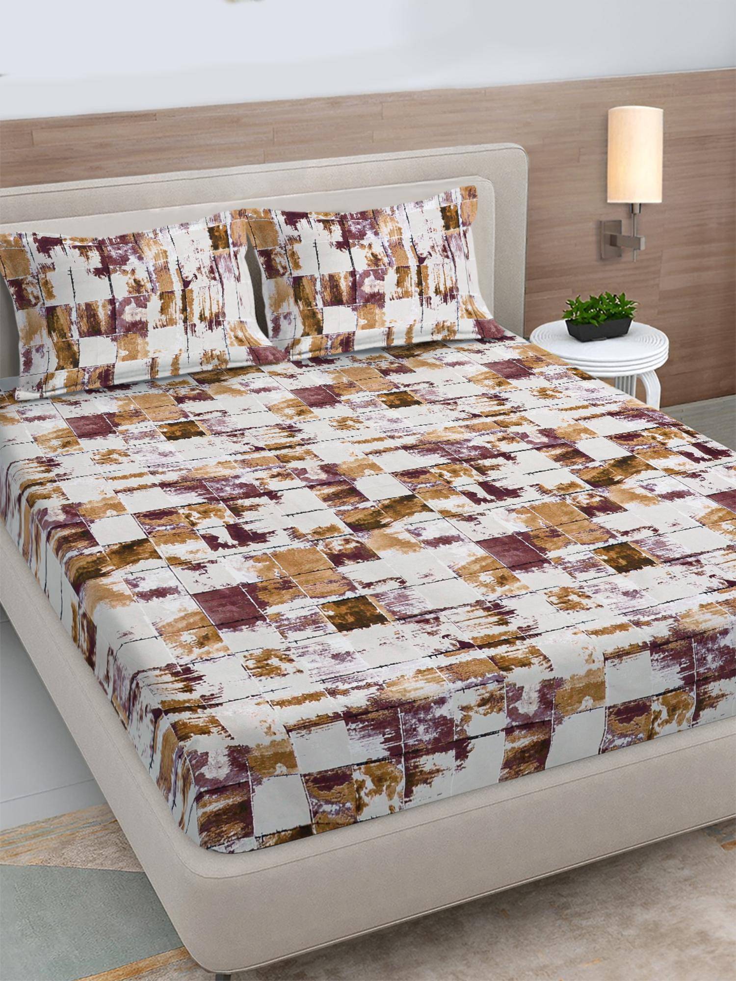 FABINALIV Beige Geometric 300 Tc King Size Double Bedsheet with 2 Pillow Covers