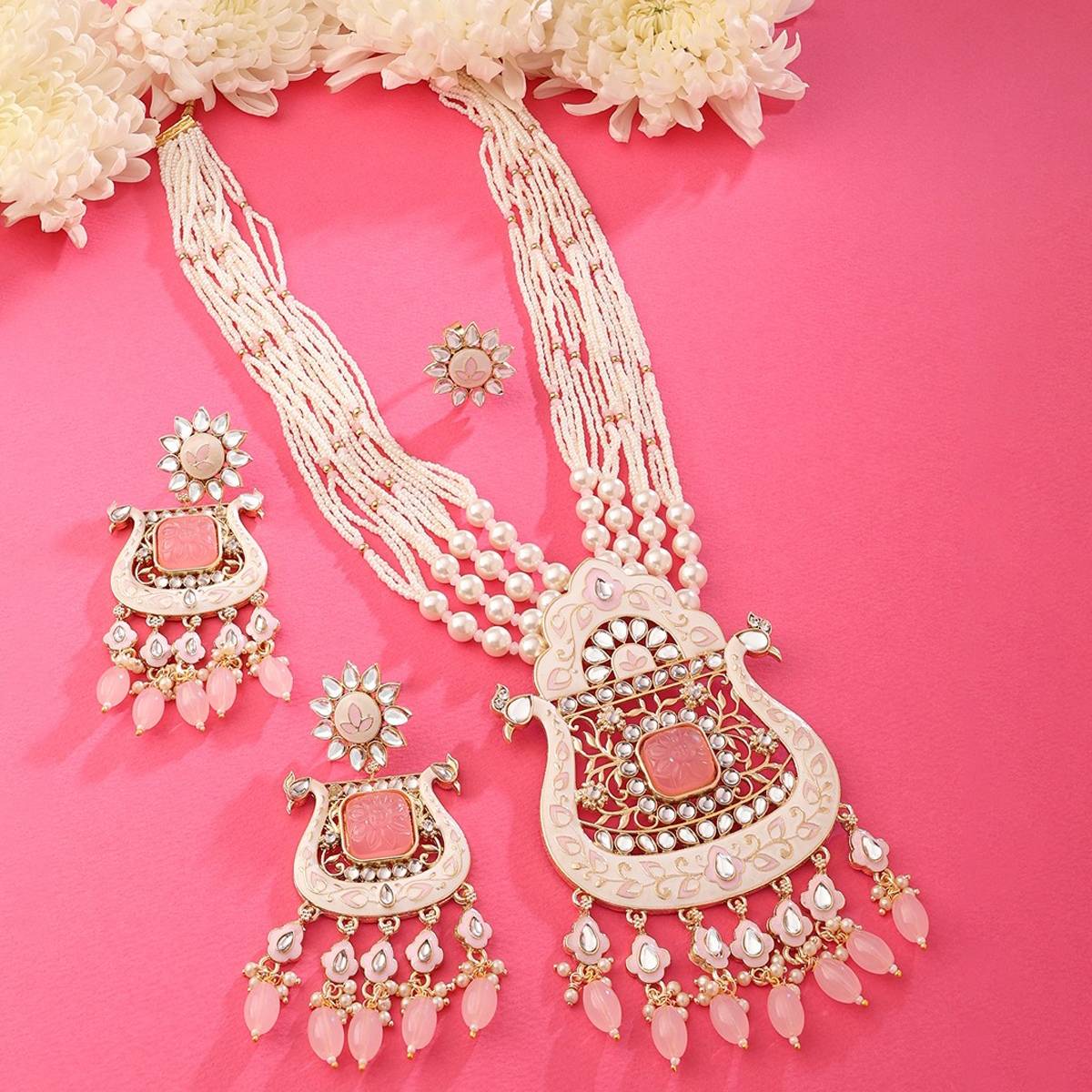 Zaveri Pearls Pink White Peacock Meenakari Necklace Earring Ring Set-ZPFK15487