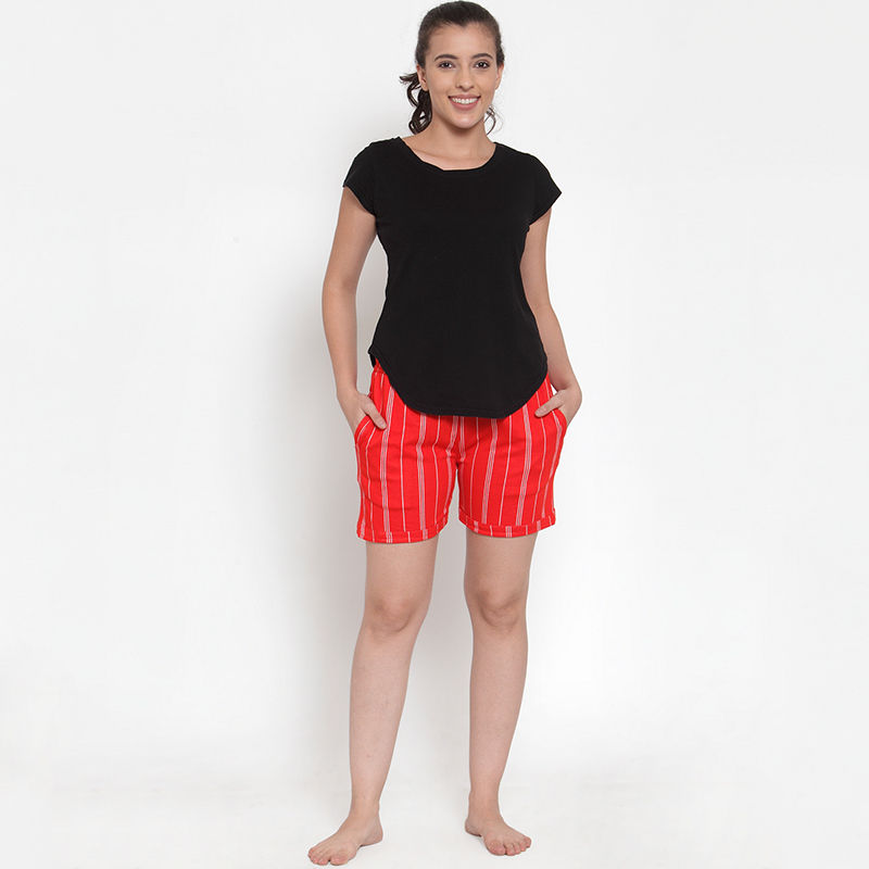 Buy Secret Wish Women's Red Cotton Striped Shorts Online