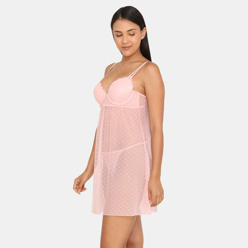 Zivame Dual Tone Lace Soft Mesh Gentle Push Up Babydoll With G String-Pink